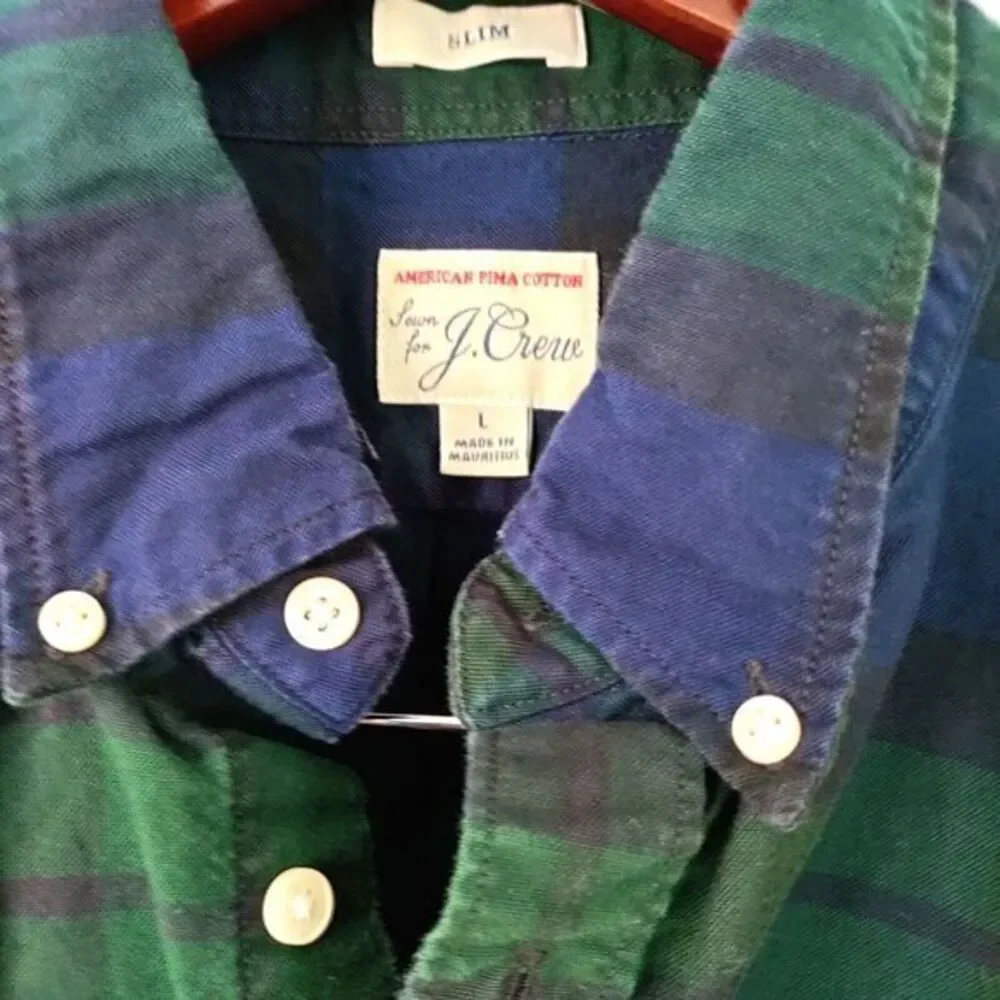 J. Crew Men L Slim Fit Green/Blue Plaid Button Down Work Chore Casual Shirt‎ Y2K